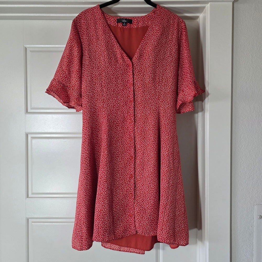 Lulus Red White Patterned Button Front Flutter Sleeve Tie Back Mini Dress M